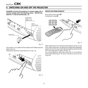 Page 10
10

5   SWITCHING ON AND OFF THE PROjECTOR
ACAUTION: Connect the projector to a power supply with a 
nominal voltage within the following values:  100-240 Vac, 
50/60 Hz. It must be earthed (Fig. 12).
GRAPHICS RGBHVS-VIDEO
AUDIO OUT
HDMI 1
REMOTE
2S-VIDEO
MENU
ESCINPUT
1
5
4
0I
Power Switch:Position I: OnPosition 0: Off
FusedPower Socket
Power Plug
Fig. 1
Upon switch on (in position I) the projector will initialise (red and 
green LEDs on).
Followed by stand-by mode (red LED on)  (Fig. 13).
HDMI...