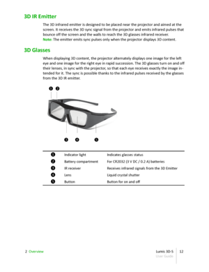 Page 123D IR Emitter
The 3D infrared emitter is designed to be placed near the projector and aimed at the  
screen. It receives the 3D sync signal from the projector and emits infrared pulses that  
bounce off the screen and the walls to reach the 3D glasses infrared receiver.
Note:   The emitter emits sync pulses only when the projector displays 3D content.
3D Glasses
When displaying 3D content, the projector alternately displays one image for the left  
eye and one image for the right eye in rapid succession....