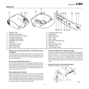 Page 5


•   Read this manual carefully and keep it in a safe place for future 
consultation.
	 This 	 manual 	 contains 	 important 	 information 	 on 	 how 	 to 	 install 	 and 	
use 	 this 	 equipment 	 correctly. 	 Before 	 using 	 the 	 equipment, 	 read 	
the 	 safety 	 prescriptions 	 and 	 instructions 	 carefully. 	 Keep 	 the 	 manual 	
for 	 future 	 consultation.
• 
  Do not touch internal parts of the unit.
	 The
	 unit 	 contain 	 electrical 	 parts 	 carr ying 	 high 	 voltages 	 and...