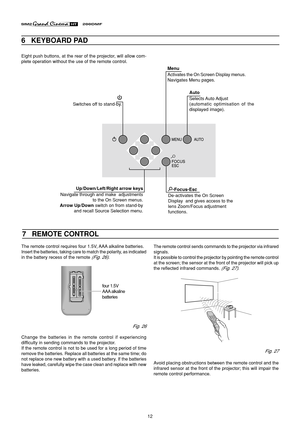 Page 1212
6   KEYBOARD PAD
Up/Down/Left/Right arrow keys
Navigate through and make  adjustments
to the On Screen menus.
Arrow Up/Down switch on from stand-by
and recall Source Selection menu.
Switches off to stand-by.Menu
Activates the On Screen Display menus.
Navigates Menu pages.
-Focus-Esc
De-activates the On Screen
Display  and gives access to the
lens Zoom/Focus adjustment
functions.Auto
Selects Auto Adjust
(automatic optimisation of the
displayed image).
7   REMOTE CONTROL
The remote control sends...