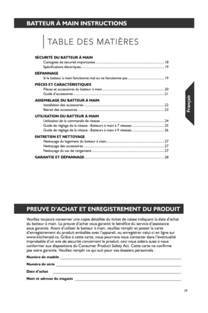 Page 1717
SÉCURITÉ DU BATTEUR À MAIN
 Consignes de sécurité importantes  ........................................................................\
. 18
  Spécifications électriques  ........................................................................\
................. 19
DÉPANNAGE 
  Si le batteur à main fonctionne mal ou ne fonctionne pas  ....................................... 19
PIÈCES ET CARACTÉRISTIQUES 
  Pièces et accessoires du batteur à main...