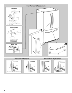 Page 66
Door Removal & Replacement
A. Hinge Pin Cover
C. Hinge Screws B. Bottom Hinge
Bottom Hinges
Wiring Plug
A
B
C
1
A. ³⁄₃₂ or ¹⁄₈ SetscrewsA. ³⁄₃₂ or ¹⁄₈ Setscrews
2
A
A
Drawer Front Removal
A. Loosen 4 Door Bracket Screws
A
Drawer Front Replacement
Top Hinges
A. Hinge Cover Screw
B. Top Hinge Cover
C. ⁵⁄₁₆ Hex-Head Hinge Screws
D. Top Hinge
B
A
C
D 