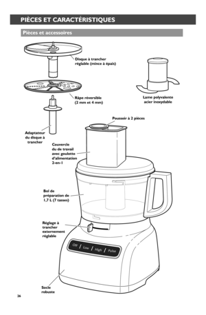 Page 2626
PIÈCES ET CARACTÉRISTIQUES
Pièces et accessoir_es
Socle r_obuste
Bol de pr_épar_ation de 1,7 L (7 tasses)
Râpe r_éver_sible  (2 mm et 4 mm)
Disque à tr_ancher_ r_églable (mince à épais)
Lame polyvalente acier_ inoxydable
Couver_cle du de tr_avail avec goulotte d’alimentation 2-en-1
Poussoir_ à 2 pièces
Adaptateur_ du disque à tr_ancher_
Réglage à tr_ancher_ exter_nement r_églable 
W10625434A_FINAL.indd   261/9/14   10:42 AM 