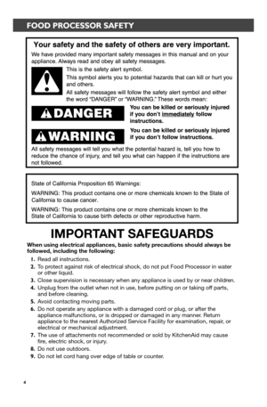 Page 44
FOOD PROCESSOR SAFETY
IMPORTANT SAFEGUARDS
When using electrical appliances, basic safety precautions should always be followed, including the following:
1. Read all instructions.
2. To protect against risk of electrical shock, do not put Food Processor in water  or other liquid.
3. Close supervision is necessary when any appliance is used by or near chi\
ldren. 
4. Unplug from the outlet when not in use, before putting on or taking off parts, and before cleaning.
5. Avoid contacting moving parts.
6....