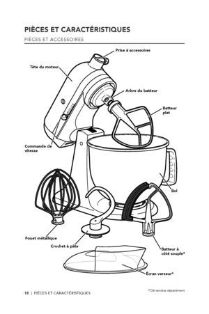 Page 1818  |  PIÈCES ET CARACTÉRISTIQUES
PIÈCES ET CARACTÉRISTIQUES
PIÈCES ET ACCESSOIRES
Écran verseur*
Batteur à côté souple*
Fouet métallique
Crochet à pâte
Commande de vitesse
*Clé vendue séparément
Tête du moteur
Prise à accessoires
Arbre du batteur
Batteur  plat
Bol
W11118281B_FR_v03.indd   1812/22/17   11:03 AM           
