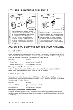 Page 2828  |  UTILISER LE BATTEUR SUR SOCLE
UTILISER LE BATTEUR SUR SOCLE
3
Insérer l’accessoire dans la prise à accessoires, en s’assurant que l’arbre de commande s’adapte à la douille de prise carrée. Il faudra peut-être faire pivoter l’accessoire en l’insérant. Lorsqu’il est en position correcte, le goujon de l’accessoire s’adapte à l’encoche du pourtour  de la prise.
4
Serrer le bouton à accessoires en le tournant dans le sens horaire jusqu’à ce que l’accessoire soit parfaitement fixé au batteur sur socle....