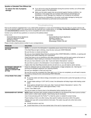 Page 1919
Vacation or Extended Time Without Use   
Troubleshooting
First try the solutions suggested here. If you need further assistance or more recommendations that may help you avoid a service call, 
refer to the warranty page in this manual and scan the code with your mobile device, or visit http://kitchenaid.custhelp.com. In Canada, 
visit www.kitchenaid.ca (website may not be compatible with some mobile devices).
Contact us by mail with any questions or concerns at the address below:
In the U.S.A.:...