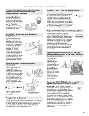 Page 5151
Démarrage/guide rapide (varie selon le modèle)
 
Pour garantir une performance optimale, nettoyer 
les filtres amovibles du système de lavage 
exceptionnellement silencieux.
Un nettoyage régulier des 
filtres permettra au lave-
vaisselle de maintenir une 
performance optimale. Les 
filtres se trouvent dans le fond 
du lave-vaisselle, au centre. 
Voir “SYSTÈME DE 
FILTRATION” pour plus de 
renseignements sur le retrait 
et lentretien des filtres.
IMPORTANT : Ne pas obstruer le distributeur 
de...