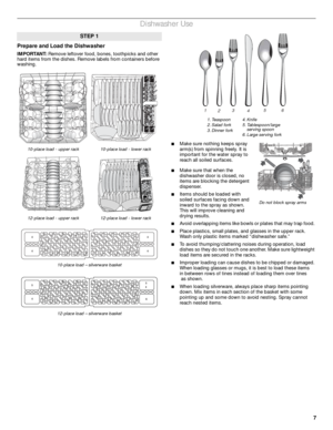 Page 77
Dishwasher Use
Prepare and Load the Dishwasher
IMPORTANT: Remove leftover food, bones, toothpicks and other 
hard items from the dishes. Remove labels from containers before 
washing.
■Make sure nothing keeps spray 
arm(s) from spinning freely. It is 
important for the water spray to 
reach all soiled surfaces. 
■Make sure that when the 
dishwasher door is closed, no 
items are blocking the detergent 
dispenser.
■Items should be loaded with 
soiled surfaces facing down and 
inward to the spray as...