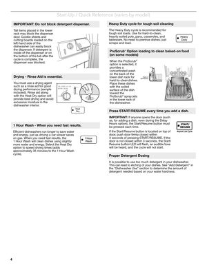 Page 44
Start-Up / Quick Reference (varies by model)
 
IMPORTANT: Do not block detergent dispenser.
Tall items placed in the lower 
rack may block the dispenser 
door. Cookie sheets and 
cutting boards loaded on the 
left-hand side of the 
dishwasher can easily block 
the dispenser. If detergent is 
inside of the dispenser or on 
the bottom of the tub after the 
cycle is complete, the 
dispenser was blocked. 
Drying - Rinse Aid is essential.
You must use a drying agent 
such as a rinse aid for good 
drying...