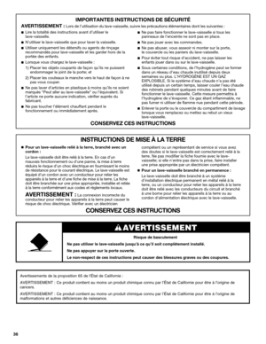 Page 3636
IMPORTANTES INSTRUCTIONS DE SÉCURITÉ
AVERTISSEMENT : Lors de l’utilisation du lave-vaisselle, suivre les précautions élémentaires dont les suivantes :
CONSERVEZ CES INSTRUCTIONS
■  Lire la totalité des instructions avant d’utiliser le 
lave-vaisselle.
■  N’utiliser le lave-vaisselle que pour laver la vaisselle.
■  Utiliser uniquement les détersifs ou agents de rinçage 
recommandés pour lave-vaisselle et les garder hors de la 
portée des enfants.
■  Lorsque vous chargez le lave-vaisselle :
1) Placer...