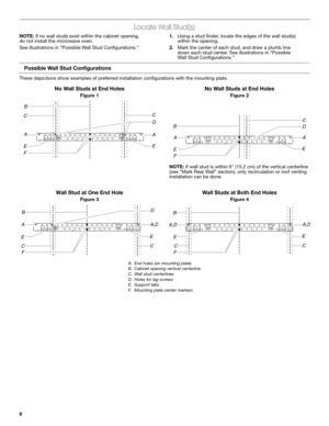 Page 66
Locate Wall Stud(s)
NOTE: If no wall studs exist within the cabinet opening, do not install the microwave oven.
See illustrations in “Possible Wall Stud Configurations.”
1. Using a stud finder, locate the edges of the wall stud(s) within the opening.
2. Mark the center of each stud, and draw a plumb line down each stud center. See illustrations in “Possible Wall Stud Configurations.”
Possible Wall Stud Configurations
These depictions show examples of preferred installation configurations with the...