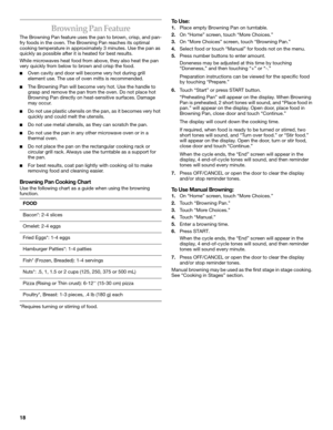 Page 1818
Browning Pan Feature
The Browning Pan feature uses the pan to brown, crisp, and pan-
fry foods in the oven. The Browning Pan reaches its optimal 
cooking temperature in approximately 3 minutes. Use the pan as 
quickly as possible after it is heated for best results.
While microwaves heat food from above, they also heat the pan 
very quickly from below to brown and crisp the food.
■Oven cavity and door will become very hot during grill 
element use. The use of oven mitts is recommended.
■The Browning...