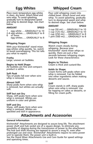 Page 1311
Egg Whites
Place room temperature egg whites
in clean, dry bowl. Attach bowl and
wire whip. To avoid splashing,
gradually turn to designated speed
and whip to desired stage. See chart
below.
AMOUNT SPEED
1  egg white .....GRADUALLY to 10
2-4  egg whites ......GRADUALLY to 8
6  or more
egg whites ......GRADUALLY to 8
Whipping Stages
With your KitchenAid
®stand mixer,
egg whites whip quickly. So, watch
to avoid overwhipping. This list tells
you what to expect.
Frothy
Large, uneven air bubbles.
Begins to...