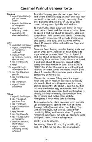 Page 2826
Topping
1 cup (250 mL) firmly
packed brown
sugar
1⁄2cup (125 mL) butter
or margarine
1⁄4cup (50 mL)
whipping cream
1 cup (250 mL)
chopped walnuts
Cake
1
1⁄2cups (375 mL) sugar1⁄2cup (125 mL) butter
or margarine,
softened
1 cup (250 mL) 
(2 medium) mashed
ripe banana
1 tsp (5 mL) vanilla
3 eggs
2
1⁄2cups (625 mL) 
all-purpose flour
1
1⁄4tsp (6 mL) baking
powder
1 tsp (5 mL) baking
soda
1⁄2tsp (2 mL) salt3⁄4cup (175 mL)
buttermilk
Filling
1⁄2cup (125 mL) sugar
3 tbs (15 mL) all-
purpose flour
1⁄4tsp (1...