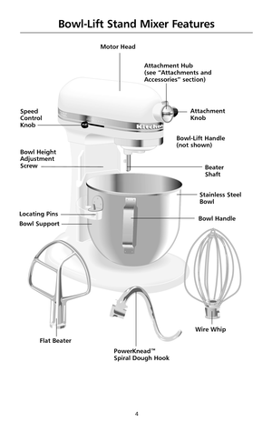 Page 64
      OFF/010
2
4
6
8S
T
IRRESET
Bowl-Lift Stand Mixer Features
Motor Head
Bowl Height 
Adjustment 
Screw Bowl-Lift Handle
(not shown)Attachment
Knob Attachment Hub
(see “Attachments and
Accessories” section)
Locating Pins
Wire Whip
Flat Beater
PowerKnead™ 
Spiral Dough Hook  Speed 
Control 
Knob
Bowl Support
Beater
Shaft
Stainless Steel
Bowl
Bowl Handle 
