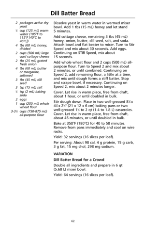 Page 6462
Dill Batter Bread
2 packages active dry
yeast
1⁄2cup (125 mL) warm
water (105°F to
115°F [40°C to
46°C])
4tbs (60 mL) honey,
divided
2 cups (500 mL) large
curd cottage cheese
2 tbs (25 mL) grated
fresh onion
4tbs (60 mL) butter
or margarine,
softened
3 tbs (45 mL) dill
seed
3 tsp (15 mL) salt
1⁄2tsp (2 mL) baking
soda
2 eggs
1 cup (250 mL) whole
wheat flour
3-3
1⁄2cups (750-875 mL)
all-purpose flour
Dissolve yeast in warm water in warmed mixer
bowl. Add 1 tbs (15 mL) honey and let stand 
5 minutes....