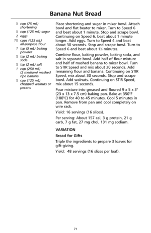 Page 7371
Banana Nut Bread
1⁄3cup (75 mL)
shortening
1⁄2cup (125 mL) sugar
2 eggs
1
3⁄4cups (425 mL) 
all-purpose flour
1 tsp (5 mL) baking
powder
1⁄2tsp (2 mL) baking
soda
1⁄2tsp (2 mL) salt
1 cup (250 mL) 
(2 medium) mashed
ripe banana
1⁄2cup (125 mL)
chopped walnuts or
pecans
Place shortening and sugar in mixer bowl. Attach
bowl and flat beater to mixer. Turn to Speed 6
and beat about 1 minute. Stop and scrape bowl.
Continuing on Speed 6, beat about 1 minute
longer. Add eggs. Turn to Speed 4 and beat
about...