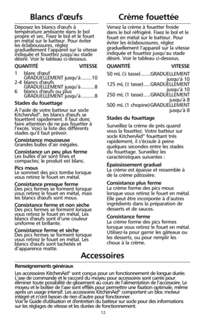 Page 9812
Accessoires
Renseignements généraux
Les accessoires KitchenAid
®sont conçus pour un fonctionnement de longue durée.
L’axe de commande et le raccord du moyeu pour accessoires sont carrés pour
éliminer toute possibilité de glissement au cours de l’alimentation de l’accessoire. Le
moyeu et le boîtier de l’axe sont effilés pour permettre une fixation optimale, même
après un usage intensif. Les accessoires KitchenAid
®comportent un bloc moteur
intégré et n’ont besoin de rien d’autre pour fonctionner.
Voir...