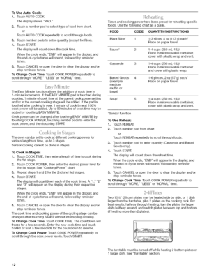 Page 12  
ToUseAutoCook: 
1.TouchAUTOCOOK. 
ThedisplayshowsPAD. 
2.Touchanumberpadtoselecttypeoffoodfromchart. 
or 
TouchAUTOCOOKrepeatedlytoscrollthroughfoods. 
3.Touchnumberpadstoenterquantity(exceptforRice). 
4.TouchSTART. 
Thedisplaywillcountdownthecooktime. 
Whenthecycleends,ENDwillappearinthedisplay,and 
theend-of-cycletoneswillsound,followedbyreminder 
tones. 
5.TouchCANCELoropenthedoortoclearthedisplayand/or 
stopremindertones. 
ToChangeCookTime:TouchCOOKPOWERrepeatedlyto...