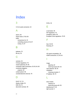 Page 833
3.5mmaudioconnectors23
A
alarms56
aspectratios27-29,56
audio
connectionsfor23
controllingvolumeof54,67
muting12,67
B
batteries75
Blu-ray30
C
cameras30
Chineseregulations76
closedcaptioning54,65
compositevideoconnections29,56,64,66
connectiondiagrams
projector22
contactperson58
coveredelectronicdevices76
D
DHCP57,70
displaymodes54
DNS58,70
documentcameras30
DVDs30
E
e-mailalerts59
EIPregulations76
emergencyalerts56
EuropeanUnionregulations75-76
F
fans49,56
flickering47
H
HDsignalcompatibility29...