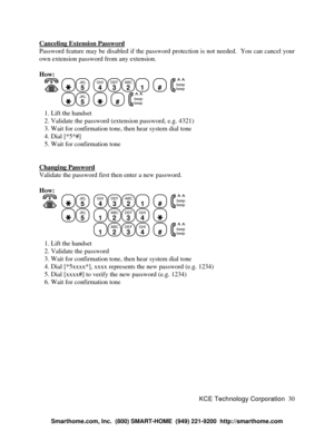 Page 36KCE Technology Corporation30 Canceling Extension PasswordPassword feature may be disabled if the password protection is not needed.  You can cancel your
own extension password from any extension.
How:
   JKL
5
  GHI
4DEF
3ABC
21
  #
  beep
beepJKL
5
    #
  beep
beep   1. Lift the handset
   2. Validate the password (extension password, e.g. 4321)
   3. Wait for confirmation tone, then hear system dial tone
   4. Dial [*5*#]
   5. Wait for confirmation tone
Changing PasswordValidate the password first...