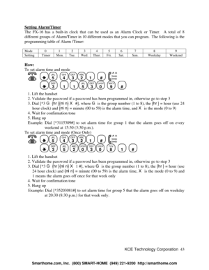 Page 49KCE Technology Corporation43 Setting Alarm/TimerThe FX-16 has a built-in clock that can be used as an Alarm Clock or Timer.  A total of 8
different groups of Alarm/Timer in 10 different modes that you can program.  The following is the
programming table of Alarm /Timer:
Mode0123456789SettingTimerMon.Tue.Wed.Thur.Fri.Sat.Sun.WeekdayWeekendHow:
To set alarm time and mode
      JKL
5
  GHI
4DEF
3ABC
21
  #
  beep
beepDEF
3
  1
 1JKL
5DEF
3OPER
0
  WXY
9
  #
   1. Lift the handset
   2. Validate the password...