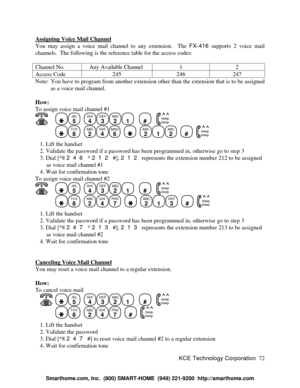 Page 78KCE Technology Corporation72 Assigning Voice Mail ChannelYou may assign a voice mail channel to any extension.  The FX-416 supports 2 voice mail
channels.  The following is the reference table for the access codes:
Channel No.Any Available Channel12Access Code245246247Note: You have to program from another extension other than the extension that is to be assigned
as a voice mail channel.
How:
To assign voice mail channel #1JKL
5
  GHI
4DEF
3ABC
21
   #
   beep
beepTUV
8
  ABC
2GHI
4MNO
6
    ABC
21ABC
2...