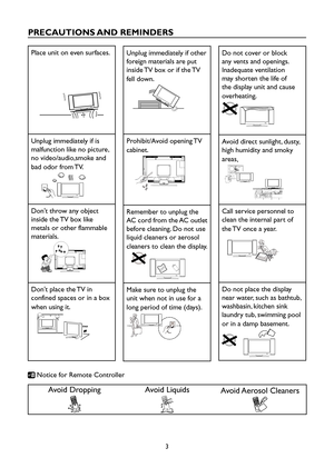Page 53
PRECAUTIONS AND REMINDERS
Place unit on even surfaces.
Unplug immediately if is 
malfunction like no picture, 
no video/audio,smoke and 
bad odor from TV.
Don't throw any object 
inside the TV box like 
metals or other flammable 
materials.
Don't place the TV in 
confined spaces or in a box 
when using it.
Unplug immediately if other 
foreign materials are put 
inside TV box or if the TV 
fell down.
Prohibit/Avoid opening TV 
cabinet.
Remember to unplug the 
AC cord from the AC outlet 
before...