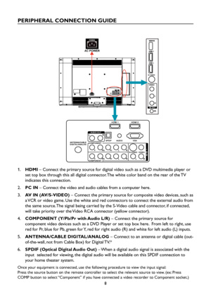 Page 108
PERIPHERAL CONNECTION GUIDE
3
4AC POWER
1.   HDMI – Connect the primary source for digital video such as a DVD multimedia player or 
set top box through this all digital connector. The white color band on the rear of the TV 
indicates this connection.
2. PC IN – Connect the video and audio cables from a computer here.
3.   AV IN (AV/S-VIDEO) – Connect the primary source for composite video devices, such as 
a VCR or video game. Use the white and red connectors to connect the external audio from 
the...