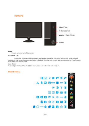 Page 14- 14 -  HOTKEYS
 
  
   
Power 
         Press to turn on or turn off the monitor. 
4:3 or wide  / Up   
                 Press 
key to change the screen aspect ratio between standard 4：3format or Wide format.   When the input 
resolution is wide format, the aspect ratio hotkey is disabled. When the main menu or sub-menu is active, the 
key functions 
as to select up or increase value.  
Auto / Down 
Auto configure hot key: When the OSD is closed, press Auto button to do auto configure. 
 
 
OSD SETTING
 
 