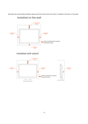 Page 5- 5 - 
See below the recommended ventilation areas around the monitor when the monitor is installed on the wall or on the stand:    
 
 
  
 
 