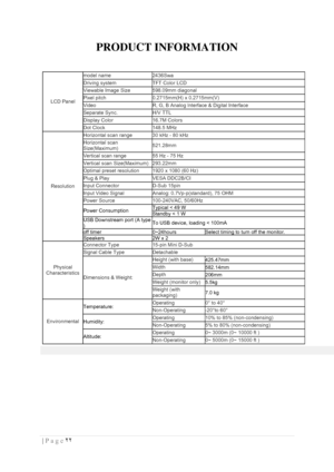 Page 22٢٢  | Page  
 
PRODUCT INFORMATION  
LCD Panel  
model name 2436Swa 
Driving system  TFT Color LCD  
Viewable Image Size 598.09mm diagonal 
Pixel pitch  0.2715mm(H) x 0.2715mm(V) 
Video  R, G, B Analog lnterface & Digital Interface 
Separate Sync.  H/V TTL 
Display Color  16.7M Colors  
Dot Clock  148.5 MHz  
Resolution  
Horizontal scan range  30 kHz - 80 kHz 
Horizontal scan 
Size(Maximum)  521.28mm 
Vertical scan range  55 Hz - 75 Hz  
Vertical scan Size(Maximum) 293.22mm  
Optimal preset resolution...