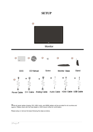 Page 4۴  | Page  
 
SETUP 
 
 
Not all signal cables (Analog, DVI, USB, Audio, and HDMI cables) will be provided for all countries and 
regions. Please check with the local dealer or AOC branch office for confirmation.  
Please setup or remove the base following the steps as below. 
 
 
 