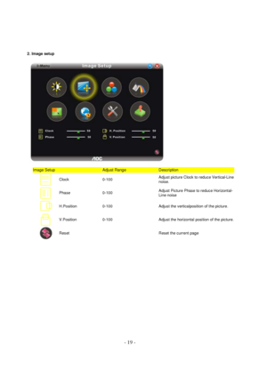 Page 19 - 19 - 
2. Image setup  
 
Image Setup  Adjust Range  Description  
 
Clock  0-100  Adjust picture Clock to reduce Vertical-Line 
noise.  
 
Phase 0-100  Adjust Picture Phase to reduce Horizontal-
Line noise  
 
H.Position  0-100  Adjust the verticalposition of the picture.  
 
V.Position  0-100  Adjust the horizontal position of the picture. 
 
Reset   Reset the current page  
  
 
 
 
 
 
 
 
 
 
 