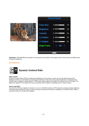 Page 13 - 13 - 
 
  
Disclaimer: DCB aftereffects are subject to the resolution and quality of the display content, hence may look different than 
the above illustrations.  
  
DCR Adjustment
 
 
   
  
What is DCR?  
Dynamic Contrast Ratio (DCR) auto adjusts the brightness of the screen so users can see the darker areas of the 
displayed content in more depths. By increasing the darkness of the dark areas and the brightness of the bright areas, 
contrast ratio is uplifted to exceed 60,000:1. DCR value varies...