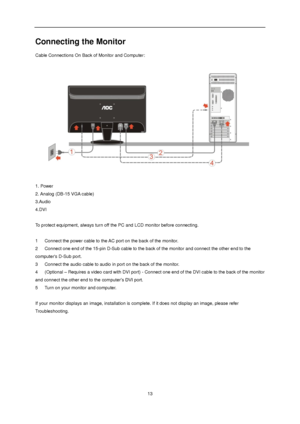 Page 13 
 13 
Connecting the Monitor 
Cable Connections On Back of Monitor and Computer: 
 
1. Power  
2. Analog (DB-15 VGA cable)    
3.Audio  
4.DVI  
   
To protect equipment, always turn off the PC and LCD monitor before connecting.  
 
1     Connect the power cable to the AC port on the back of the monitor.  
2     Connect one end of the 15-pin D-Sub cable to the back of the monitor and connect the other end to the 
computers D-Sub port.  
3     Connect the audio cable to audio in port on the back of the...
