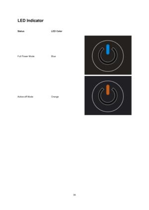 Page 35
 35
LED Indicator 
 
Status  
LED Color 
 
 
 
 
 
 
Full Power Mode   
 
 
 
 
Blue 
 
 
 
 
 
Active-off Mode  
 
 
 
 
Orange 
 