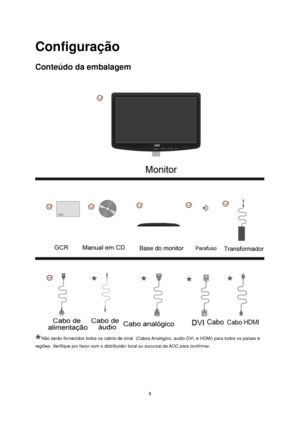 Page 8 8 
Configuração 
Conteúdo da embalagem 
 
Não serão fornecidos todos os cabos de sinal  (Cabos Analógico, audio.DVI, e HDMI) para todos os países e 
regiões. Verifique por favor com o distribuidor local ou sucursal da AOC para confirmar. 
 
 