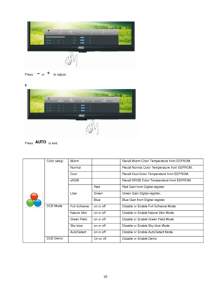 Page 25 25 
 
Press   or   to adjust. 
 
5 
 
Press  to exit. 
 
 
 
Color setup. Warm   Recall Warm Color Temperature from EEPROM.  
Normal   Recall Normal Color Temperature from EEPROM.  
Cool   Recall Cool Color Temperature from EEPROM.  
sRGB   Recall SRGB Color Temperature from EEPROM.  
User  
Red Red Gain from Digital-register  
Green Green Gain Digital-register.  
Blue Blue Gain from Digital-register  
DCB Mode Full Enhance  on or off Disable or Enable Full Enhance Mode 
Nature Skin  on or off Disable...
