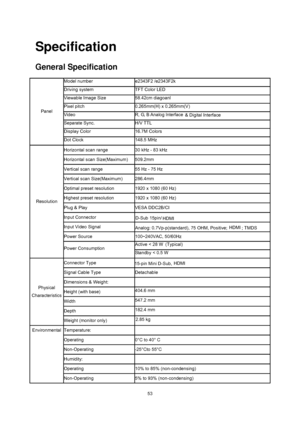 Page 53
 53
Specification 
General Specification 
Model number   e2343F2 /e2343F2k  
Driving system   TFT Color LED   
Viewable Image Size 58.42cm diagoanl 
Pixel pitch   0.265mm(H) x 0.265mm(V) 
Video  R, G, B Analog lnterface   
Separate Sync.   H/V TTL 
Display Color   16.7M Colors   
Panel  
Dot Clock   148.5 MHz   
Horizontal scan range   30 kHz - 83 kHz 
Horizontal scan Size(Maximum)   509.2mm  
Vertical scan range   55 Hz - 75 Hz   
Vertical scan Size(Maximum)   286.4mm  
Optimal preset resolution   1920...