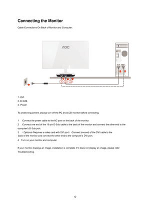 Page 12
 12
Connecting the Monitor 
Cable Connections On Back of Monitor and Computer: 

 
1. 
 Power   
2. D-SUB
     
3.   DVI
 
   
To protect equipment, always turn off the PC and LCD monitor before connecting.   
 
1      Connect the power cable to the AC  port on the back of the monitor.   
2      Connect one end of the 15-pin D-Sub cable to t he back of the monitor and connect the other end to the 
computers D-Sub port.   
3       
4    Turn on your monitor and computer.   
 
If your monitor displays an...