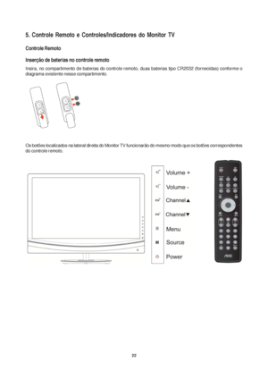 Page 2222
5. Controle Remoto e Controles/Indicadores do Monitor TV
Controle Remoto
Inserção de baterias no controle remoto
Insira, no compartimento de baterias do controle remoto, duas baterias tipo CR2032 (fornecidas) conforme o
diagrama existente nesse compartimento.
Os botões localizados na lateral direita do Monitor TV funcionarão do mesmo modo que os botões correspondentes
do controle remoto.
 
 