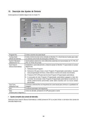 Page 2828
Program No.
Tuning mode
(Modo de sintonia)
System Standard
(Sistema de TV)
Auto Search
(Busca Automática)
Fine Tune
(Sintonia Fina)
AFC
Skip
(Passar para o seguinte)
10. Descrição dos Ajustes de Sintonia
Estes ajustes só estarão disponíveis no modo TV.
Exibe o número do canal atual.
Exibe a fonte de sinal como entrada no Monitor TV. (Você deverá mudar para cabo
ou antena como fonte de sinal para o Monitor TV.)
Você poderá selecionar entre diferentes sistemas de transmissão de TV, PAL-M,
PAL-N, NTSC-M...