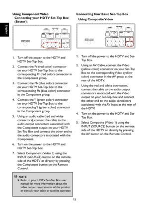 Page 16
English

English

15

English

English

Using Component Video
Connecting your HDTV Set-Top Box 
(Better):

1.   Turn off the power to the HDTV and 
HDTV Set-Top Box.
2.    Connect the Pr (red color) connector 
on your HDTV Set-Top Box to the 
corresponding Pr (red color) connector in 
the Component group. 
3.    Connect the Pb (blue color) connector 
on your HDTV Set-Top Box to the 
corresponding Pb (blue color) connector 
in the Component group. 
4.    Connect the Y (green color) connector 
on your...