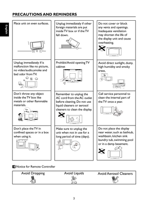 Page 4
English

English

3

English

English

PRECAUTIONS AND REMINDERS

Place unit on even surfaces.

Unplug immediately if is 
malfunction like no picture, 
no video/audio,smoke and 
bad odor from TV.

Don't throw any object 
inside the TV box like 
metals or other flammable 
materials.

Don't place the TV in 
confined spaces or in a box 
when using it.

Unplug immediately if other 
foreign materials are put 
inside TV box or if the TV 
fell down.

Prohibit/Avoid opening TV 
cabinet

Remember to...