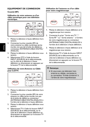 Page 42
French

French

13

French

French

EQUIPEMENT DE CONNEx ION
Coaxial (RF)
Utilisation de votre antenne ou d’un 
câble numérique pour une télévision 
numérique.

1.    Mettez la télévision à haute définition hors 
tension.
2.    Connectez la prise coaxiale (RF) de 
votre antenne ou câble numérique (prise 
murale, non pas de la boîte de câbles) au 
connecteur ANTENNA/CABLE DIGITAL/
ANALOG.
3.    Mettez la télévision à haute définition sous 
tension.
4.    Sélectionnez DTV à l’aide du bouton 
INPUT...