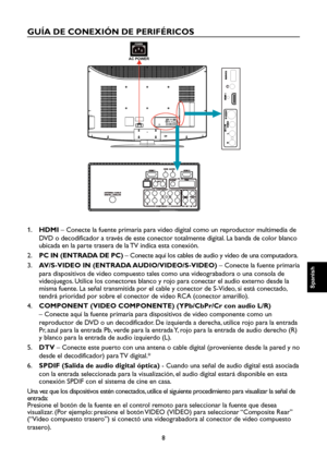 Page 65
8

Spanish

Spanish

Spanish

Spanish

GUÍA DE CONEXIÓN DE PERIFÉRICOS

3

AC POWER

1.   HDMI – Conecte la fuente primaria para video digital como un reproductor multimedia de 
DVD o decodificador a través de este conector totalmente digital. La banda de color blanco 
ubicada en la parte trasera de la TV indica esta conexión.
2.   PC IN (ENTRADA DE PC) – Conecte aquí los cables de audio y video de una computadora.
3.   AV/S-VIDEO IN (ENTRADA AUDIO/VIDEO/S-VIDEO) – Conecte la fuente primaria 
para...