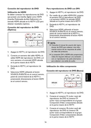 Page 73
16

Spanish

Spanish

Spanish

Spanish

Conexión del reproductor de DVD
Utilización de HDMI
Se deben conectar los reproductores de DVD 
que poseen una interfaz digital como HDMI 
(Interfaz Multimedia de Alta Definición) a la 
entrada HDMI ubicada en la HDTV LCD para 
obtener resultados óptimos.
Conexión del reproductor de DVD 
(Óptima)

1.    Apague la HDTV y el reproductor de DVD.
2.    Conecte un extremo del cable HDMI a la 
salida HDMI del reproductor de DVD y el 
otro extremo a la entrada HDMI...