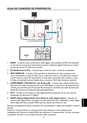 Page 93
8

Português

Português

Português

Português

GUIA DE CONEXÃO DE PERIFÉRICOS

3

AC POWER

1.  HDMI – Conecta a fonte primária para vídeo digital, como aparelho de DVD de multimídia 
ou set-top box (conversor) através deste conector totalmente digital. A faixa de cor branca 
na parte de trás da TV indica esta conexão.
2. PC IN (Entrada de PC) – Conecte aqui os cabos de vídeo e áudio do computador.
3.   AV/S-VIDEO IN – Conecte a fonte primária de dispositivos de vídeo compostos, tais 
como videocassete...